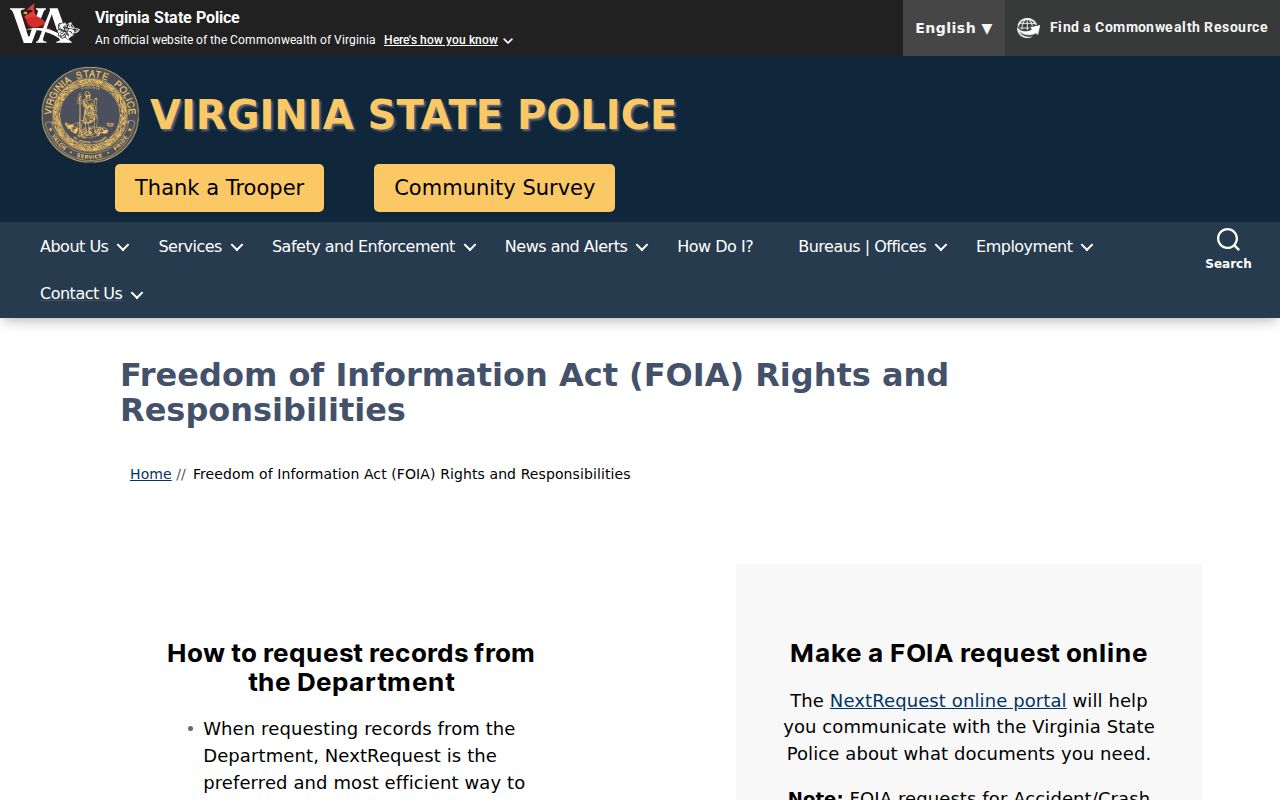 Virginia State Police FOIA route for Dickenson County arrest records