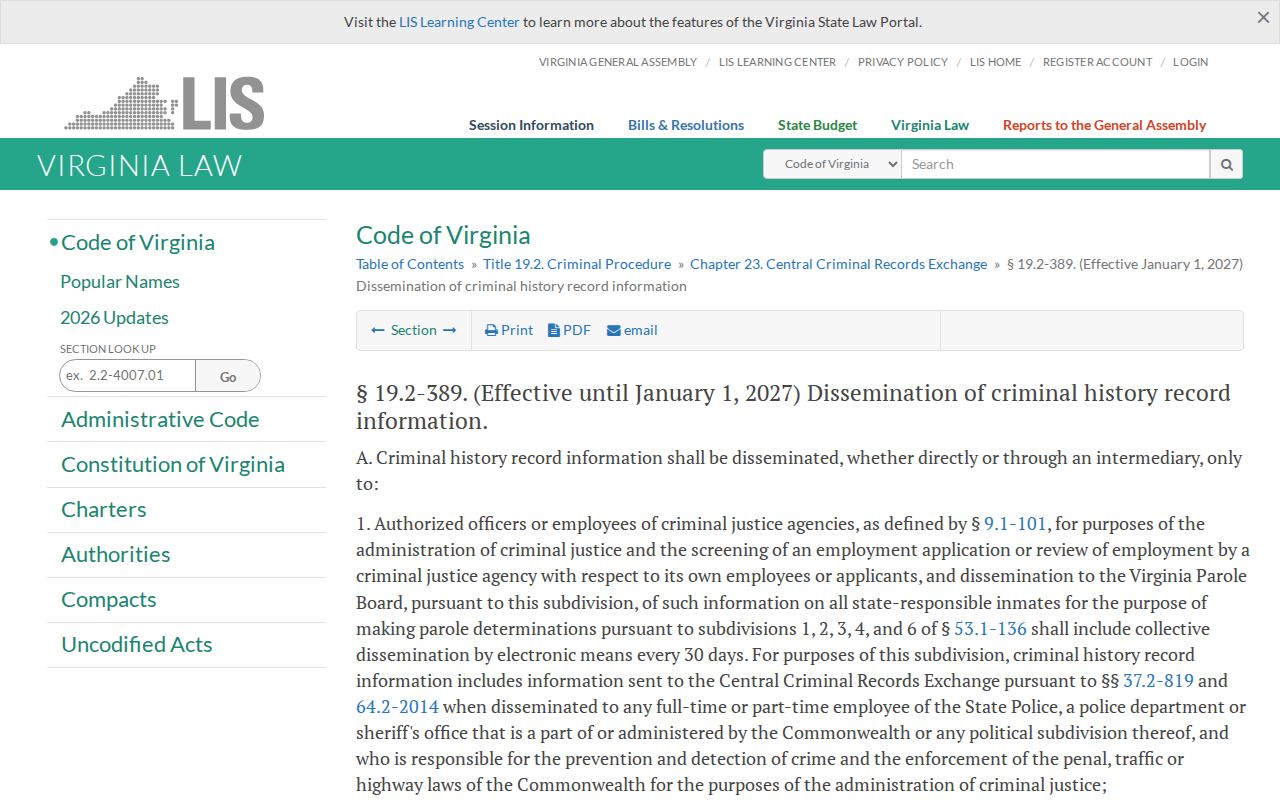 Clintwood criminal history dissemination law