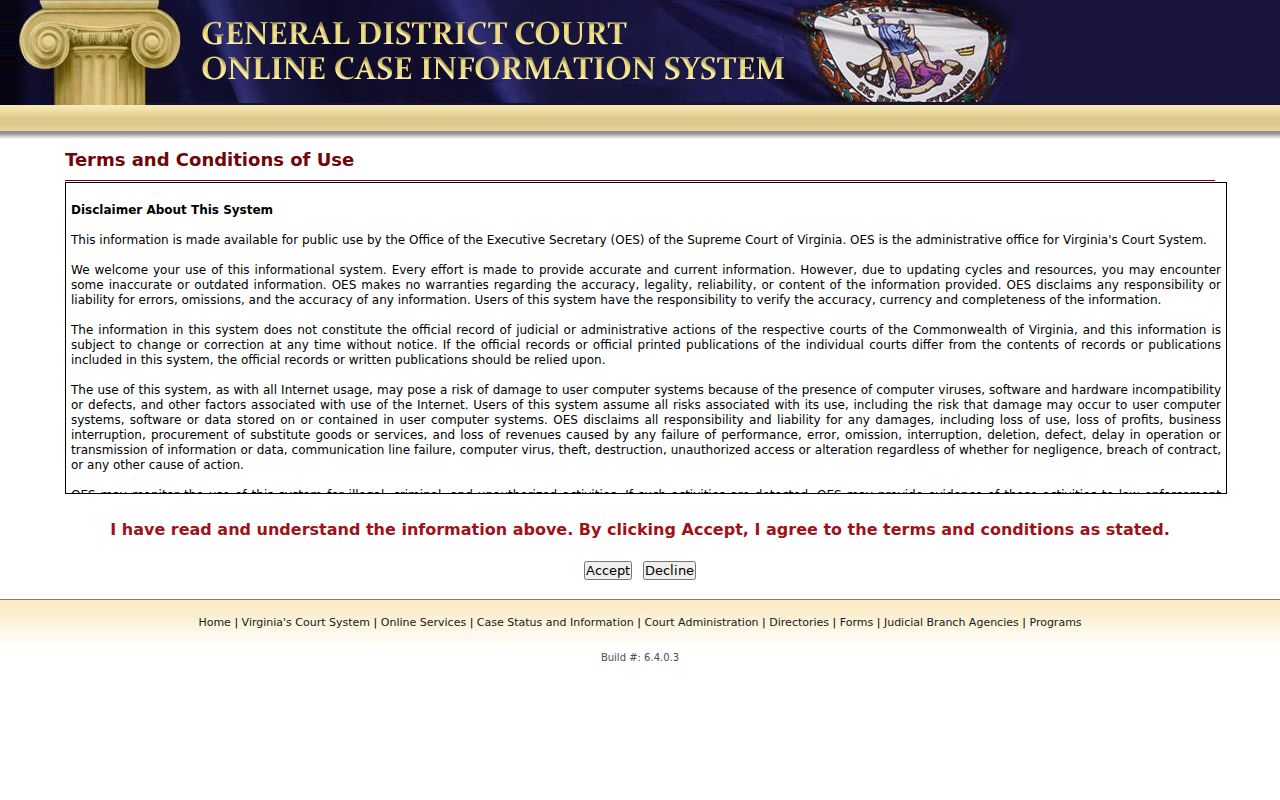 General District search fields for Dickenson County criminal cases