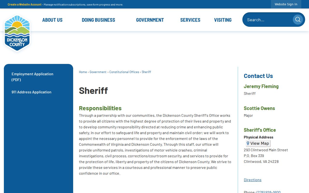 Dickenson County Sheriff office contact and services page