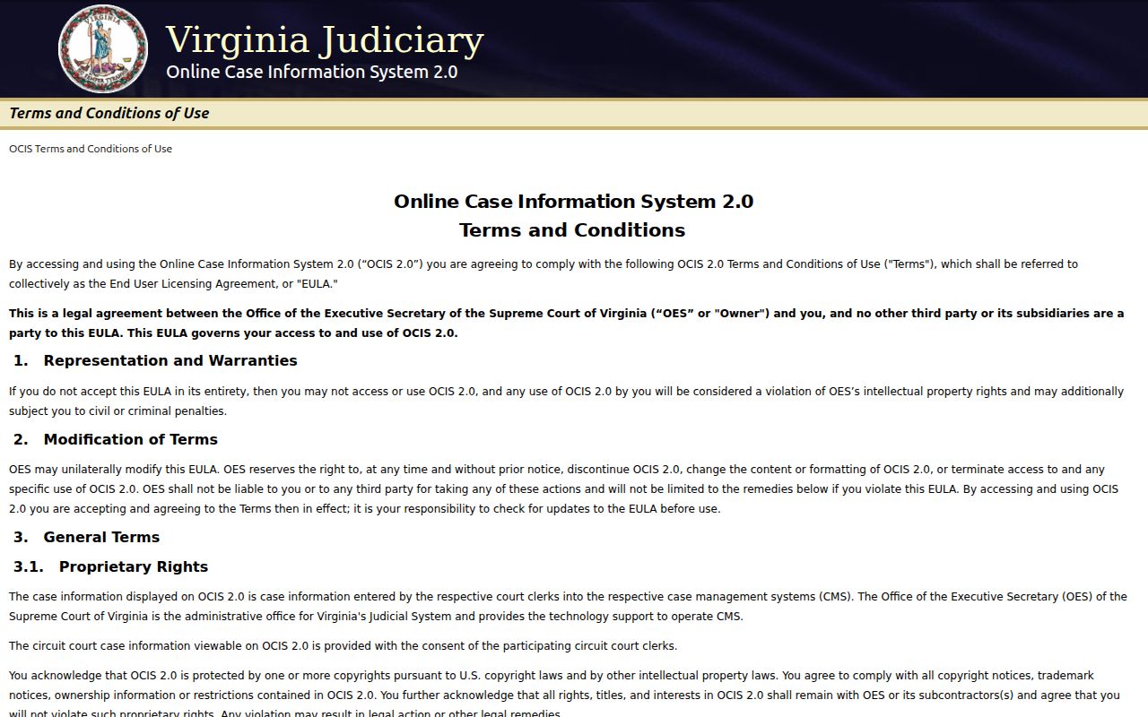 Virginia OCIS statewide adult criminal case search landing page