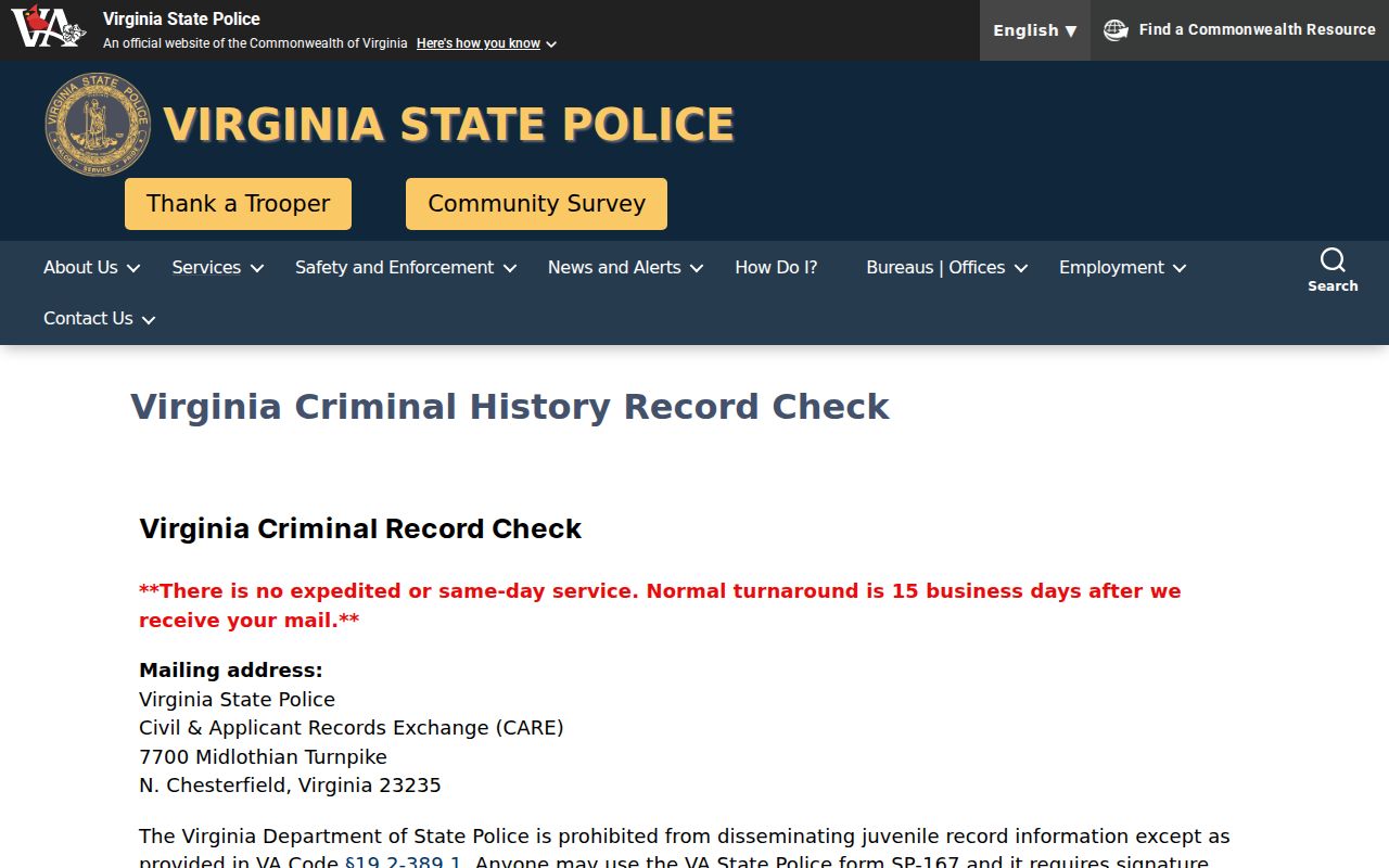 Virginia State Police criminal background check instructions for SP-167
