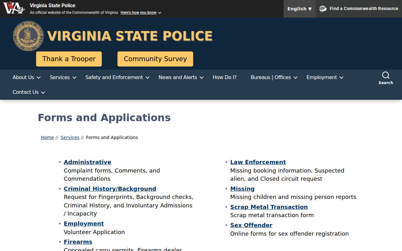 Virginia State Police forms page listing criminal history request documents