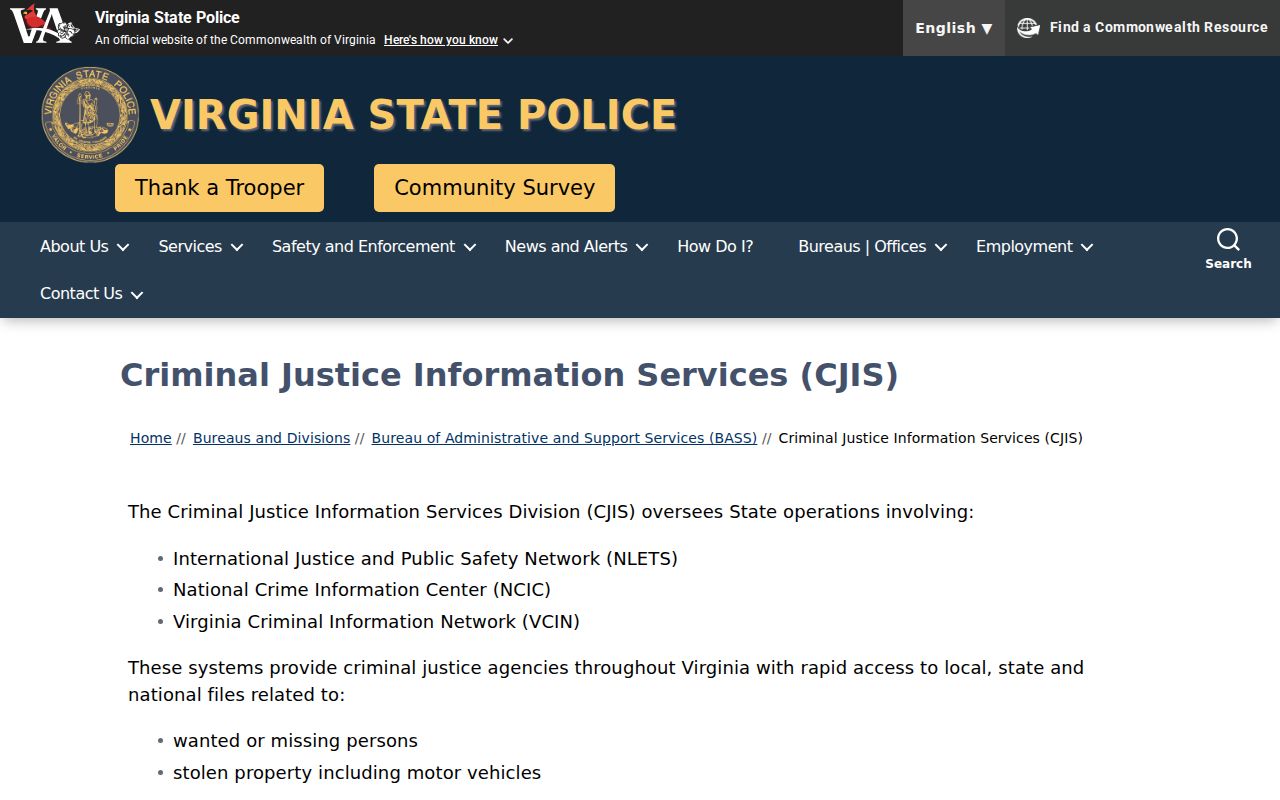 Dickenson County sex offender check source at Virginia State Police Criminal Justice Information Services